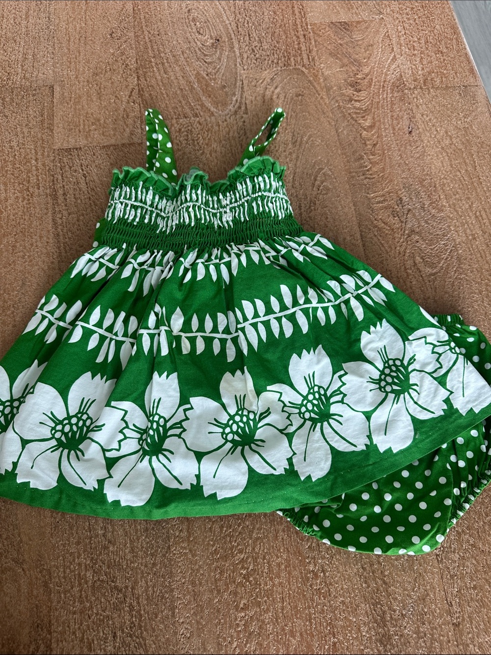 Bonnie Baby Green and White Floral Smocked Sundress with Polka Dot Bloomers